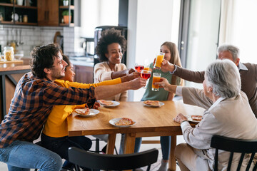 Multiethnic diverse extended family dining and toasting together