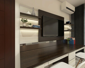Workspace with wooden desk cabinet and back wall television paneling using shelving racks display and interior lighting