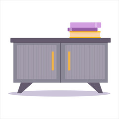 Nightstand in flat vector design isolated on white background. Yellow, grey and violet with books and lamp. For icon and design