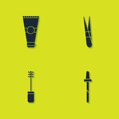 Fototapeta na wymiar Set Lotion cosmetic tube, Pipette, Mascara brush and Eyebrow tweezers icon. Vector