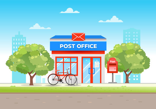 Post office building in flat style in the city on a summer day with a bike at the entrance. Vector illustration