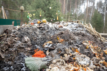 Closeup red caviar in the garbage compost pile spoiled after the holidays. in the background a christmas tree in blur