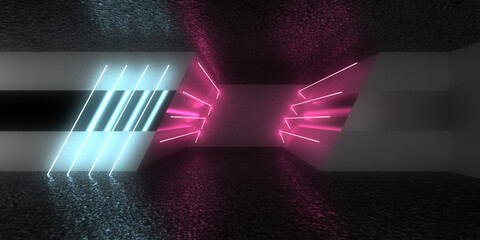 3D abstract architectural background with neon lights. neon tunnel .space construction . 3d illustration