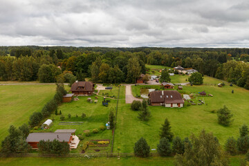 Rural aerial view over the village houses. Estonia.