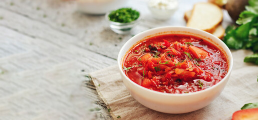 Red soup or vegetable borscht. Copy space. Healthy vegan food