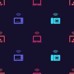 Set Smart photo camera, microwave oven, Wireless laptop and warehouse on seamless pattern. Vector