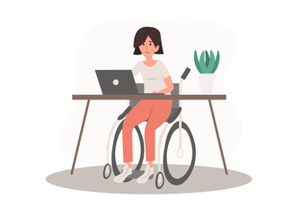 Disabled wheelchair invalid woman working, studying on the laptop in comfortable workplace. Handicapped female flat character freelancer. Vector flat cartoon illustration isolated on white.