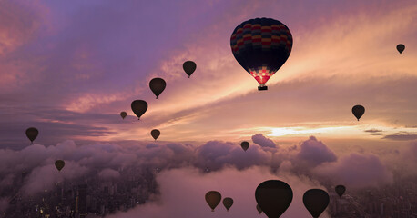 hot air balloons in the sunset