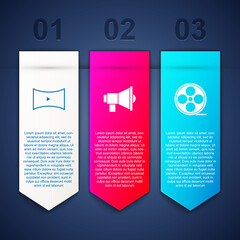 Set Online play video, Megaphone and Film reel. Business infographic template. Vector