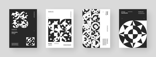 Abstract set Placards, Posters, Flyers, Banner Designs. Black and white illustration on vertical A4 format. Flat geometric shapes. Decorative ornament backdrop.