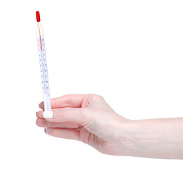 Alcohol thermometer for liquid in hand on white background isolation