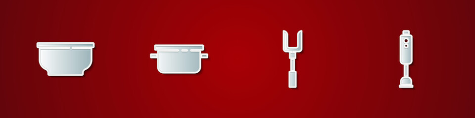 Set Bowl, Cooking pot, Barbecue fork and Blender icon. Vector