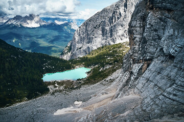 Sorapis lake in the dolomites italy shot with drone, aerial view