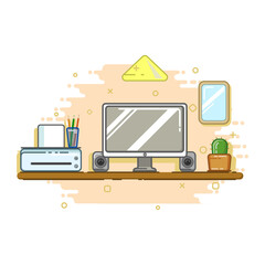 vector flat illustration of work table with computer