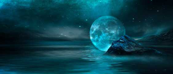 Futuristic fantasy night landscape with abstract landscape and island, moonlight, shine, moon. Dark natural scene with reflection of light in the water, neon blue light. Dark neon circle background. 