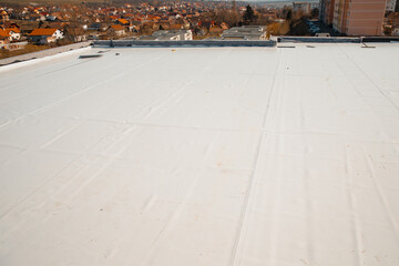 Flat roof with hot air welded pvc membrane waterproofing for ballasted system