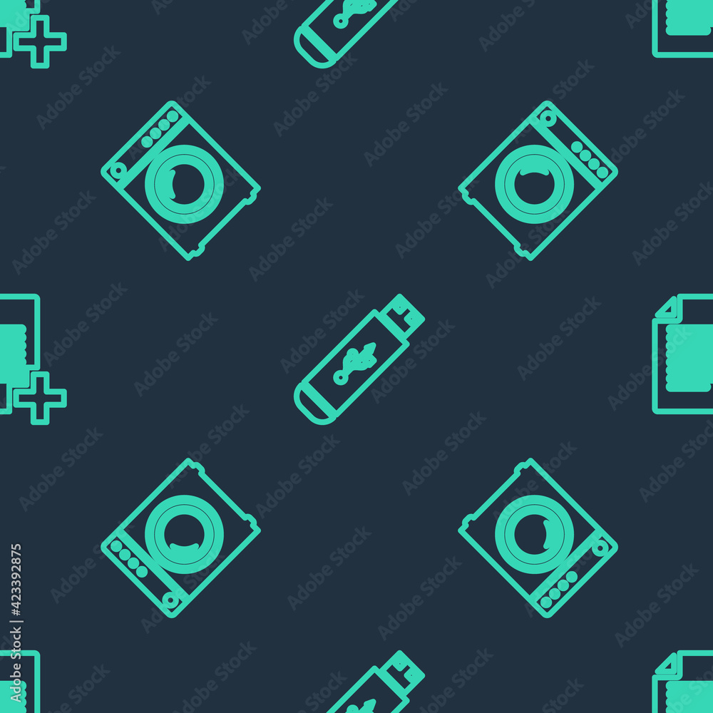 Poster set line usb flash drive, washer and add new file on seamless pattern. vector