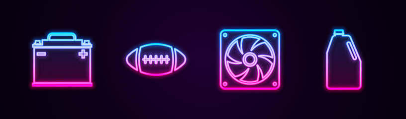 Set line Car battery, American Football ball, Computer cooler and Household chemicals bottle. Glowing neon icon. Vector