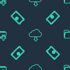 Set line Cloud download, Safe and Add new folder on seamless pattern. Vector