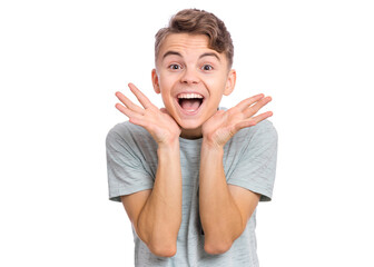 Handsome teen boy laughing looking very happy, isolated on white background.
