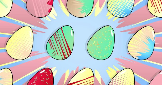 4k animated dancing Easter eggs. Comic book style pastel colored holiday objects on cartoon background. Tradition related footage. Greeting card, social media post, and motion poster.