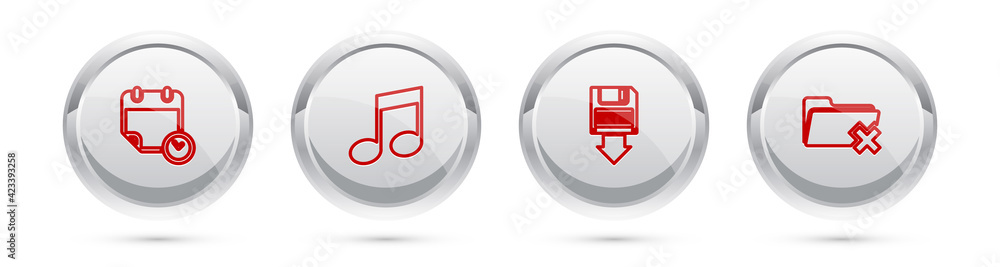 Poster set line calendar and clock, music note, tone, floppy disk backup and delete folder. silver circle b