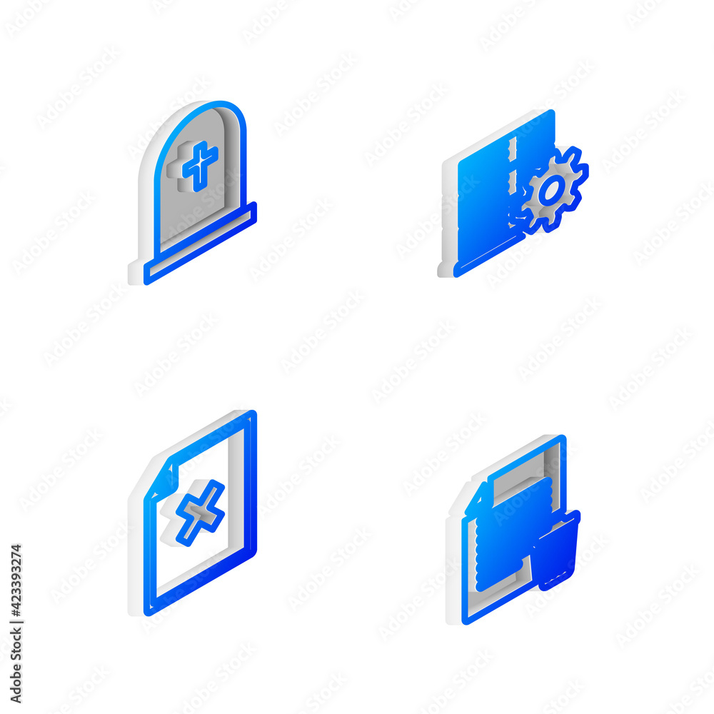 Poster set isometric line server setting, tombstone with cross, delete file document and icon. vector