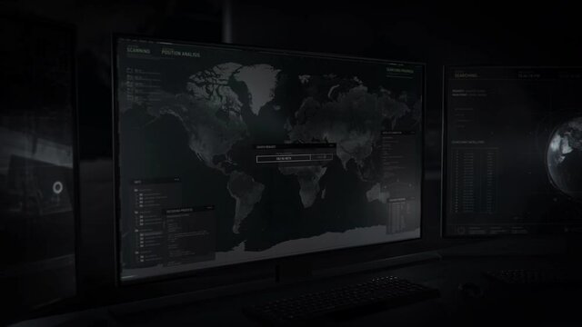 Trying to target the position of a dangerous terrorist group. Booting up location tracking software. Receiving data on Gaza Strip. Object code name. Computer monitors. Dark room. User interface.