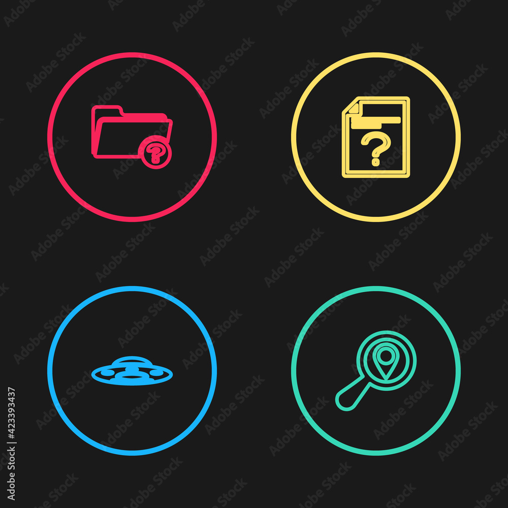 Poster set line ufo flying spaceship, search location, unknown document and directory icon. vector