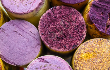 Makro closeup of pile isolated wine corks with red tartrate (focus on center) - Powered by Adobe