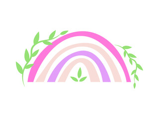 Hand drawn colored minimalist boho rainbow with branches. Boho nursery rainbow print, children's element, isolated on white background. Easter vector rainbow. Spring rainbow for baby cards and posters