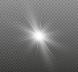 White glowing light explodes on a transparent background. Bright Star. Transparent shining sun, bright flash. Vector graphics.	