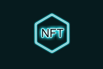 Crypto art NFT non fungible token glowing hexagon icons on black background. Use blockchain technology and creating unique digital art. Cryptocurrency concept.