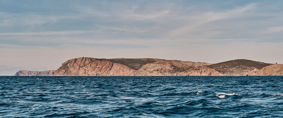 Colorful Kaya-Bash heights. Cliffs of Mytilino near Balaklava Bay. Sevastopol, Crimean peninsula, Russia.
