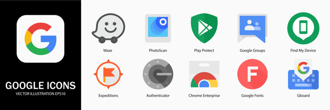 Google LLC. Apps from Google. Waze Local, PhotoScan, Play Protect, Groups, Find My Device, Expeditions, Authenticator, Chrome Enterprise, Fonts, Gboard. Kyiv, Ukraine - March 27, 2021