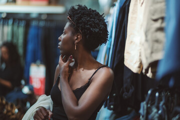 A beautiful young black woman with a hanger in hand is pensively looking around while standing in a clothing store with various textiles and clothes hanging around; shallow depth of field