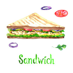 Sandwich isolated on white hand painted watercolor illustration with handwritten inscription
