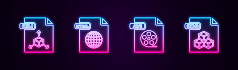 Set line OBJ file document, HTML, AVI and 3DS. Glowing neon icon. Vector