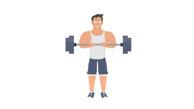 Bodybuilder. Animation of the exercise with a barbell on the biceps, alpha channel. Cartoon