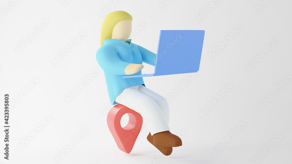 Poster 3d render of working woman and notebook. shopping online and e-commerce on web business concept. sec
