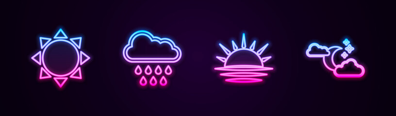 Set line Sun, Cloud with rain, Sunset and moon and stars. Glowing neon icon. Vector