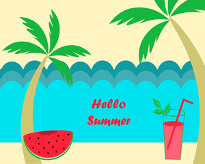 Greeting card with summer landscape of palm trees, watermelon and beach cocktail.