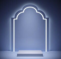 3d rendering ramadan kareem blue line light background and box podium