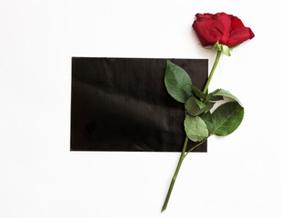 A dried rose and a black piece of paper. The concept of sadness, deception, past love, and sadness.
