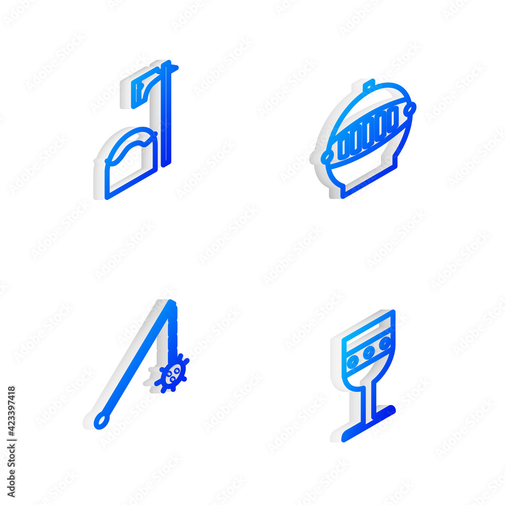 Poster set isometric line medieval iron helmet, executioner axe in tree block, chained mace ball and goblet