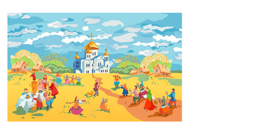 Russian folk art vector. Image of the people's procession on Easter and Palm Sunday to the temple. 