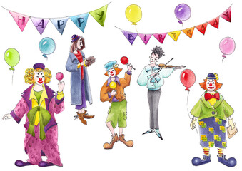 Watercolor illustration of a set of five clowns, balloons and garland of flags isolated on a white background