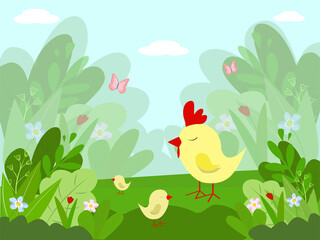 Vector children's cartoon illustration of a beautiful summer rural garden with cute chickens. Flat style.