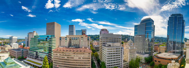PORTLAND, OR - AUGUST 18, 2017: Downtown city skyline aerial view