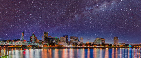 Fototapeta na wymiar Starry night over Portland, Oregon. City skyline with stars